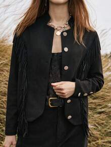 Florisole 女士秋冬外套 波西米亚风麂皮流苏短款黑色夹克 - 黑色 - 查看 5