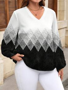 EMERY ROSE 浪漫休闲黑白渐变菱形几何印花加大码女式秋冬宽松V领灯笼袖衬衫，黑色上衣，适合新年穿着 - 彩色 - 查看 4