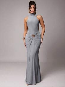 Silquee 女士优雅派对长袖性感高领露背连衣裙，金属扣装饰，酒红色/锚红色，弹力针织面料，适合鸡尾酒会、浪漫约会、秋冬针织连衣裙、派对、婚礼、伴娘、晚礼服、万圣节、圣诞节等场合。 - 淺灰色 - 查看 5