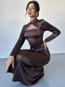 Firerie 女士优雅水滴领棕色连衣裙，派对礼服/节日装扮/晚宴礼服/优雅女士连衣裙/棕色连衣裙/仿丝缎亮片连衣裙/新年连衣裙 - 棕色 - 查看 8