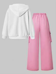 SHEIN ChillGRL 2 Stücke/Set Grafik-Muster Hoodie Sweatshirt und Cargo Hose mit elastischem Bund für Kleine Tween Mädchen - Pink - Übersicht 4
