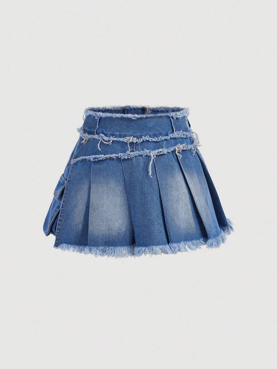Girlism Tween Girl Frayed Hem Cargo Pocket Pleated Casual Denim Mini Skirt - Medium Wash - View 1
