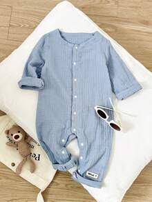 Playful Pals 新生儿V领开裆100%纯棉双层褶皱面料长袖连体衣，带裤脚收口 - 彩色 - 查看 3