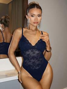 SHEIN BAE Bộ đồ lót liền thân ren hở lưng gợi cảm màu đen BAE dành cho nữ, trang phục ngày lễ tình nhân, trang phục mùa xuân dành cho nữ, trang phục ngày lễ tình nhân - Màu xanh hải quân - Xem 3