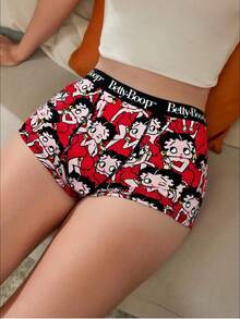 Betty Boop x SHEIN 女士全印花字母织带腰部撞色缝线平角短裤