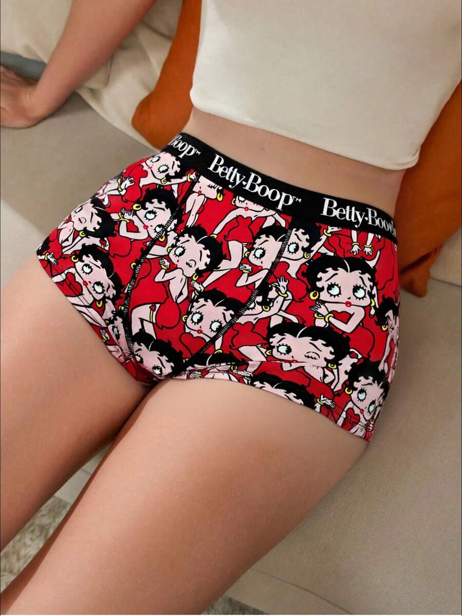 Betty Boop x SHEIN 女士全印花字母织带腰部撞色缝线平角短裤