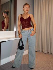 SHEIN BAE Women's V-Neck Lace Patchwork Sexy Sheer Party Camisole - Burgundy - View 4