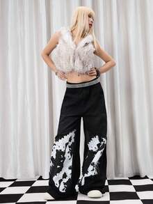 Y2Kool Jeans femme hiver nouvel an noir Y2K rétro américain vintage patch étoile déchiré jambe large sexy, pantalon en jean ample lavé ample pour automne, pantalon imprimé vache noir ample jeans emo, collection de vêtements tenue nouvel an gyaru coton jean graphique - Noir - Voir 2