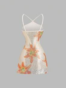 Sweetra 春夏新款女士时尚高街风格子复古性感修身印花串珠优雅派对度假百搭舒适休闲黄色连衣裙 - 杏色 - 查看 2