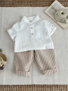 SHEIN 2pcs Babyboy Cute Casual College Style Grey Collared Shirt And Striped Elastic Waist Pants Set, Suitable For Birthday Party, Evening Party, Wedding, Baby Shower, Christening And 1st Birthday Celebration