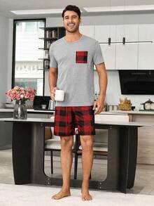 SHEIN Plaid Print Men's 2-Piece Pajama Set - Light Grey - View 3