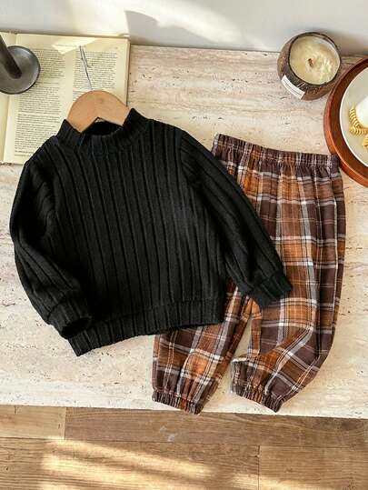 Set de 2 piezas para niños pequeños: sudadera universitaria cómoda y de moda con textura y pantalones a cuadros, versátil para uso diario, escuela, salidas, deportes, adecuado para otoño/invierno