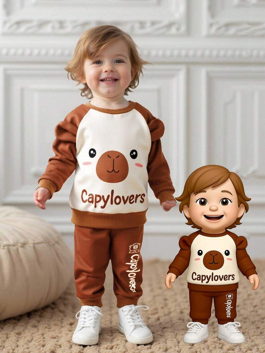 SHEIN Conjunto de ropa de invierno para bebé niño con sudadera de manga raglán de color marrón, sudadera de manga larga con orejas 3D, ropa de bebé