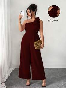 Elenzga 大码夏季时尚法式复古浪漫不对称肩部3D花卉连体裤 - 酒紅色 - 查看 1