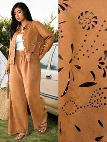 SHEIN LUNE Plus Size Brown Suede Fleece Floral Embroidered Shirt Jacket & Straight Leg Pants 2 Piece Set,Winter Boho Vacation Holiday Western Cowboy Outfit - Brown - View 7