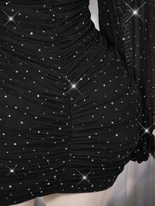 SHEIN ICON 加大码黑色Y2K性感灯笼袖露肩褶皱连衣裙，节日装扮，派对礼服，波西米亚风连衣裙 - 黑色 - 查看 11