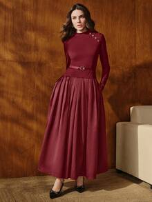 Anewsta 优雅针织拼接腰带装饰 A 字长裙，秋冬季，适合外出、正式场合、派对、时尚、新年、圣诞节、工作、毕业典礼、婚礼等场合。 - 酒紅色 - 查看 6