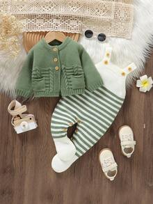SHEIN 2pcs Newborn Baby Green Sweater Set: Round Neck Long Sleeve Cardigan With Pockets + Striped Suspender Romper - Green - View 8