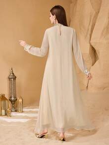 SHEIN Najma Elegant Lace Trim Beaded Decor Women's Arabic Style Dress Kaftan Jalabiya Dress - Apricot - View 2