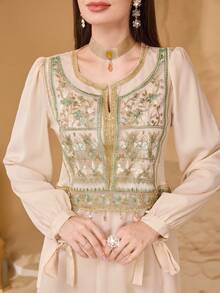 Al Najma 时尚新款装饰领阿拉伯风格女装 - 杏色 - 查看 1