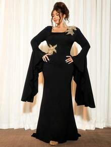 Cravure 大码女士奢华派对舞会礼服式针织长袖黑色长裙，饰有金色亮片和刺绣装饰 - 黑色 - 查看 7