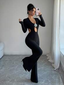 Rafferiza Sexy Fashion Long Sleeve Cropped Metallic Decor Jumpsuit, Suitable For Autumn/Winter Party - Black - View 4