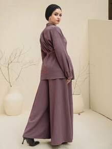 DAZY Bộ 2 món áo thun trơn màu thường ngày và quần ống rộng cho nữ - Màu tím hoa cà - Xem 6