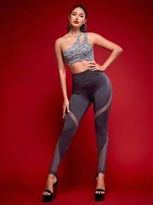 Menodora SHEIN Sport 高腰修身休闲拼接运动紧身裤 - 深灰色 - 查看 6