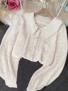 Franclia Áo cánh dài tay cổ Peter Pan Jacquard ngọt ngào thời trang mới cho nữ - Màu be - Xem 3