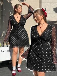 SHEIN EZwear 大码波点网纱连衣裙，适合通勤、约会、外出和派对等场合，秋冬季穿着。 - 黑與白 - 查看 2