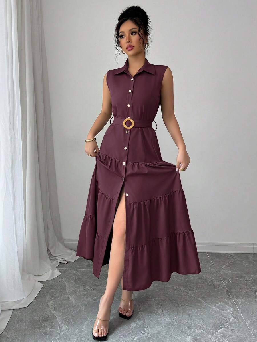 Elenzga Women's Solid Color Single-Breasted Ruffle Hem Sleeveless Shirt Dress - Red Violet - View 1