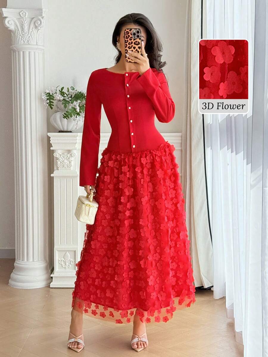 Rafferiza Women's Elegant Romantic Off-Shoulder Long Sleeve Fitted Mesh Floral Patchwork Dress - Pink - View 1