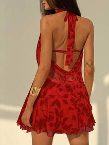 Aloruh 女士浪漫网纱印花连衣裙，适合春季、情人节和约会穿着 - 紅色 - 查看 2