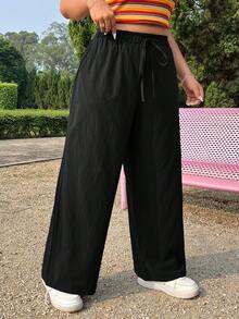 Comfortcana Plus Size Women Simple Solid Color Wide Leg Summer Pants - Black - View 13