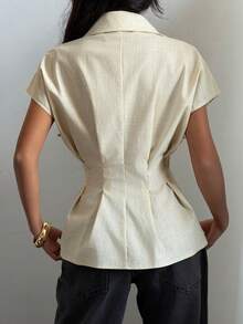 Siren Gaze 女士纯色时尚金属褶皱优雅修身棉质衬衫，100%纯棉修身A字衬衫 - 杏色 - 查看 2