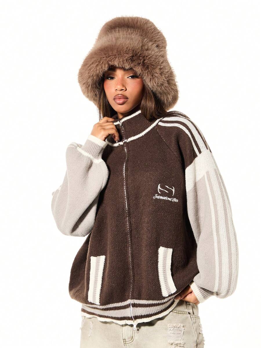 SUMWON WOMEN Áo khoác cardigan dáng rộng dệt kim họa tiết ngôi sao, khóa kéo phía trước, cổ tay và eo bo gân, thích hợp cho mùa thu đông. - Cà phê nâu - Xem 1