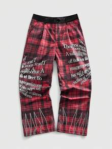 ROMWE MEN Men's Plaid Slogan Print Casual Loose Fit Commuter Pants - Multicolor - View 1
