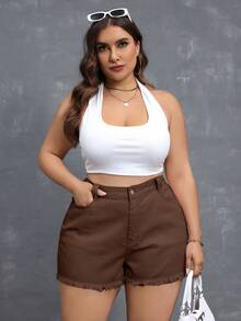 Flexra Plus Size Casual Solid Color Frayed Hem Denim Shorts - Brown - View 4