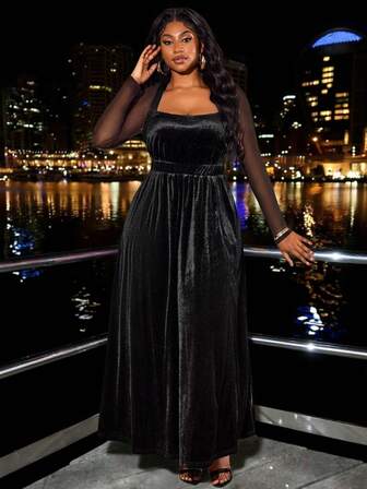 Truni 大码女式黑色A字宽松连衣裙，天鹅绒连衣裙，适合派对场合，黑色天鹅绒连衣裙，黑色开衩连衣裙，黑色透视连衣裙，曲线生日装扮，惊艳全场，适合梨形三角身材/2026/新年