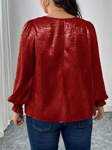 SHEIN LUNE Áo cánh tay bồng cổ tròn họa tiết lá kim loại - Màu Đỏ Sâu - Xem 2