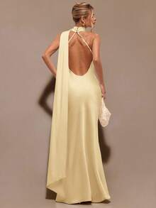 SHEIN BAE 杏色性感极简缎面不对称单肩镂空露背系带连衣裙，适合派对、鸡尾酒会、正式场合、伴娘、生日、秋冬季等场合。 - 黃色 - 查看 5