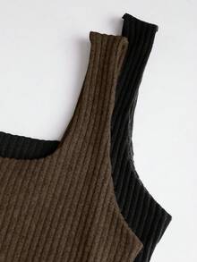 Sweetra 两件套女士休闲圆领针织背心套装，杏色和咖啡棕色，秋季 - 彩色 - 查看 4