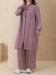 Modelyn 修身优雅纯色长袖拉链外套，阿拉伯风格女装，秋冬款 - 紫色 - 查看 4