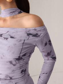 NOVVYNE Autumn Knitted Sexy Sheer Mesh Ribbon Print T-Shirt Light Purple Top - Mauve Purple - View 6