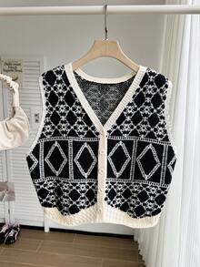 Comfortcana Áo vest dệt kim dáng suông họa tiết hình học jacquard dành cho nữ cỡ lớn - Nhiều màu - Xem 6