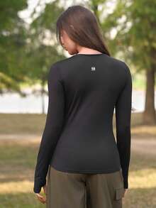 SHEIN Tricou sport pentru femei In My Nature, cu guler rotund, mânecă lungă și cusături contrastante, pentru drumeții și camping - Negru - Vizualizare 5