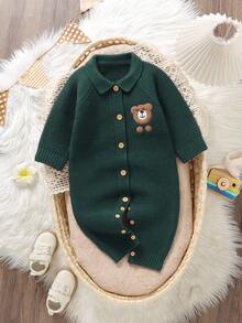 SHEIN Baby Boy Romper, Peter Pan Collar, Embroidered Bear Design, Cute & Adorable - Dark Green - View 3