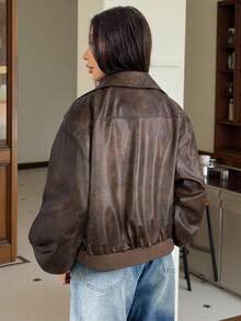 SHEIN EZwear 女士新款复古风格皮革长袖拉链宽松休闲夹克棕色短款夹克女式秋冬皮夹克