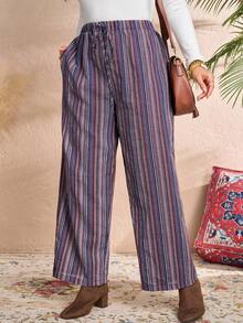 EMERY ROSE Plus Size Women Casual Vacation Style Everyday Commute Contrast Stripe Print Tie Waist Loose Wide Leg Pants Winter For Women Country Style For Women Country Concert - Multicolor - View 3