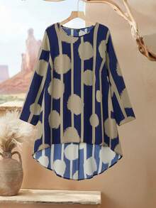 Rusticease Conjunto de 2 piezas de talla grande para mujer con estampado geométrico, cuello redondo, manga larga y bajo asimétrico, top y pantalones, conjunto casual de invierno - Azul Marino - Ver 7